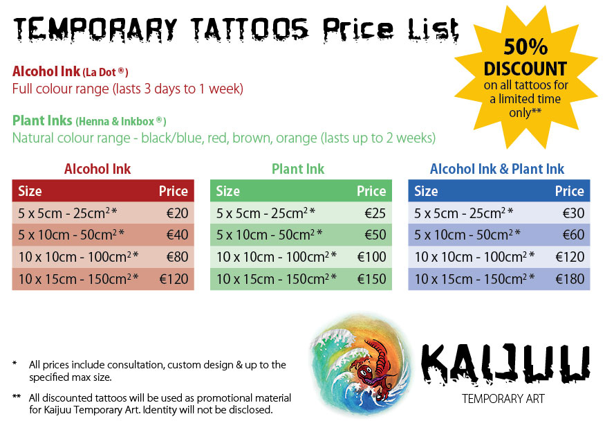 Temporary Tattoo Price List